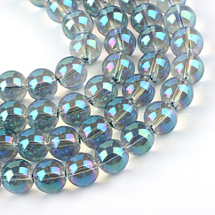 Electroplate Glass Beads Strands, Rainbow Plated, Round, Turquoise, 7.5x8.5mm, Hole: 1mm, about 100~104pcs/strand, 70~74cm