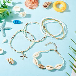 2 Bags Summer Beach Glass Seed Beaded & Natural Shell & Alloy Starfish Charm Anklet Sets&nbsp;AJEW-TA0003-69F
