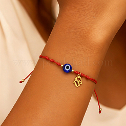 Handmade Adjustable Blue Evil Eye Glass Braided Bead Bracelets with Stainless Steel Religion Hamsa Hand for Women&nbsp;KO5639-1