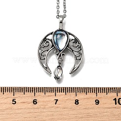 Bohemian Hollow Moon Zinc Alloy Pave Natural Moonstone Pendant Necklaces&nbsp;FS-WG20EBE-01