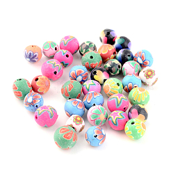 Handmade Flower Pattern Polymer Clay Round Beads&nbsp;CLAY-CJ0001-10