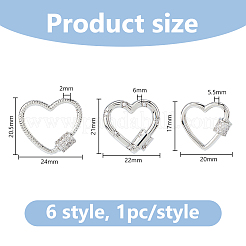 6Pcs 6 Styles Brass Micro Pave Clear Cubic Zirconia Screw Carabiner Lock Charms&nbsp;ZIRC-DC0001-40