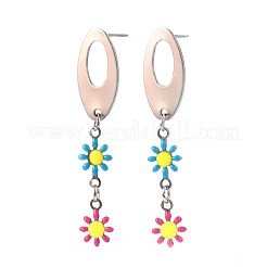 Oval with Flower Enamel Long Dangle Stud Earrings&nbsp;EJEW-N049-05B