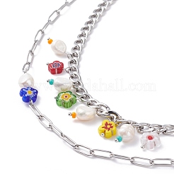 Natural Pearl & Millefiori Flower Coin Glass Beaded Charm Necklaces Set for Girl Women&nbsp;NJEW-TA00014