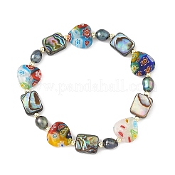 Handmade Millefiori Lampwork Heart & Dyed Rice Natural Pearl & Rectangle Paua Shell Beaded Stretch Bracelets&nbsp;BJEW-JB14296