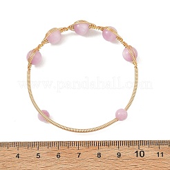 Natural Kunzite Horse Eye Herringbone Wire-Wrapped Open Cuff Bangles&nbsp;BJEW-JB14460