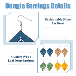 4 Pairs 4 Colors Wood Leaf Dangle Earrings&nbsp;EJEW-FI0001-94