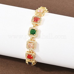 Square Brass Micro Pave Clear Cubic Zirconia and Glass Link Chain Bracelets&nbsp;BJEW-T025-04G-02