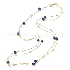 Brass Boston Link Chain Long Necklaces with Round Natural Lapis Lazuli and Shell Pearl&nbsp;NJEW-JN05722-01