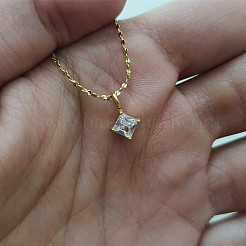 Rhombus 304 Stainless Steel Pave Clear Cubic Zirconia Pendant Necklaces&nbsp;FS-WG09C14-01