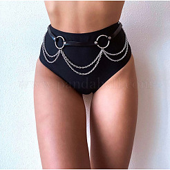 Black Imitation Leather Alloy Curb Chain Tassel Waist Chains&nbsp;FS-WG3539B-01
