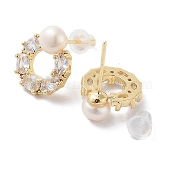 Ring Natural Pearl Stud Earrings with Brass Micro Pave Cubic Zirconia and 925 Sterling Silver Pins&nbsp;EJEW-P256-88G