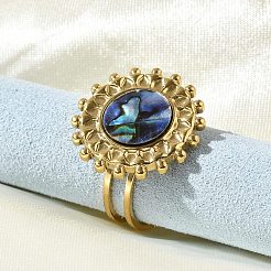 Flat Round 304 Stainless Steel Paua Shell Finger Rings for Women&nbsp;RJEW-G346-08G-01