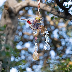 Wire Wrapped Glass Beads & Metal Bird Hanging Ornaments&nbsp;PW-WG06B21-01