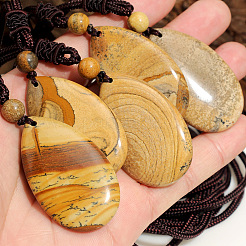 Natural Picture Jasper Teardrop Pendant Adjustable Cotton Cord Long Necklaces for Women&nbsp;WG5FD2E-01