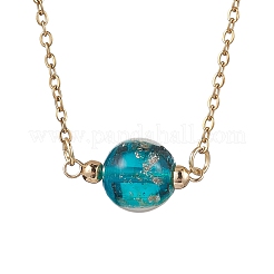 2Pcs 2 Colors Handmade Gold Sand Lampwork Round Pendant 304 Stainless Steel Cable Chain Necklaces&nbsp;NJEW-JN05376