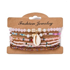 Bohemian Resin & Alloy & Glass Beads & Shell & Plastic Pearls Beaded Stretch Bracelets&nbsp;BJEW-Z169-01F