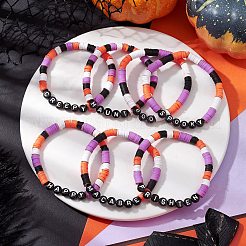 Halloween Word Acrylic & Handmade Polymer Clay Beaded Stretch Bracelets&nbsp;BJEW-JB10887