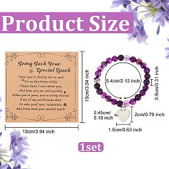Natural Striped Agate Round Beaded Stretch Bracelet with Alloy Heart Charm&nbsp;BJEW-OC0001-09C