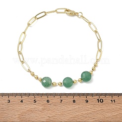 Natural Green Aventurine Faceted Flat Round Beaded Brass Paperclip Chain Bracelets&nbsp;GG-CBA37F5-02G-01