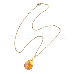 Natural Amber Teardrop Pendant 304 Stainless Steel Satellite Chain Necklaces&nbsp;NJEW-JN05983-01
