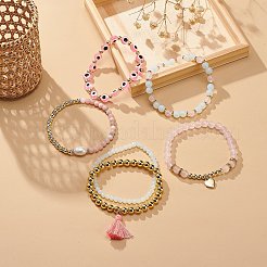 6Pcs 6 Style Natural & Synthetic Mixed Gemstone & Pearl & Resin Evil Eye Stretch Bracelets Set&nbsp;BJEW-JB08885
