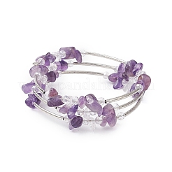 Natural Amethyst Chip & Glass & Brass Tube Beaded Bangles for Women&nbsp;BJEW-JB11265-01