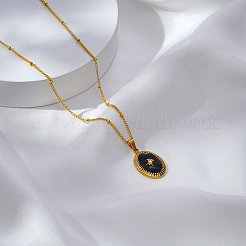 French Vintage Stainless Steel Black Enamel Oval with Star Pendant Necklaces for Women&nbsp;ME8505