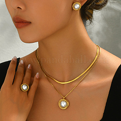 Vintage Stainless Steel Imitation Pearl Round Double Pendant Necklaces & Stud Earrings & Ring Sets for Women&nbsp;OM5590