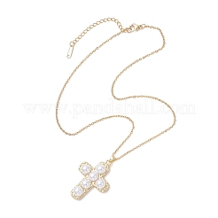 Brass & ABS Imitation Pearl Religion Cross Pendant 304 Stainless Steel Cable Chain Necklaces&nbsp;NJEW-JN05413