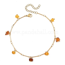 Natural Amber Chip Tassel Brass Bar Link Chain Anklets for Women&nbsp;AJEW-AN00889