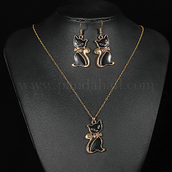 Cat Shape Zinc Alloy Enamel Pendant Necklaces & Dangle Earrings Sets&nbsp;FS-WG2319B-01