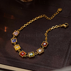 304 Stainless Steel Pave Cubic Zirconia Square Link Chain Bracelets for Women&nbsp;WG6E589-01