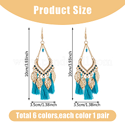 6 Pairs 6 Colors Leaf & Cotton Tassel Chandelier Earrings&nbsp;EJEW-FI0003-14