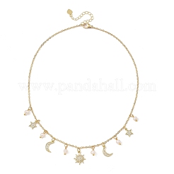 Brass Micro Pave Clear Cubic Zirconia Moon Star Sun Pendant Cable Chain Necklaces with Natural Pearl Beads for Women&nbsp;NJEW-JN06233