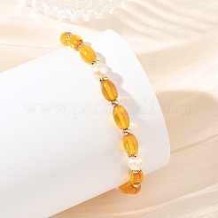 Oval Natural Baltic Amber & Natural Cultured Freshwater Pearl & Brass Beaded Stretch Bracelets for Women&nbsp;BJEW-JB14171