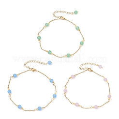 3Pcs 3 Colors Dyed Round Natural Malaysia Jade & 304 Stainless Steel Cable Chain Ankelets&nbsp;AJEW-AN00701