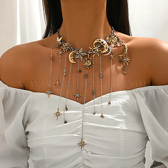 Alloy Crystal Rhinestone Moon & Star Fringe Statement Choker Necklaces&nbsp;WG41910-01