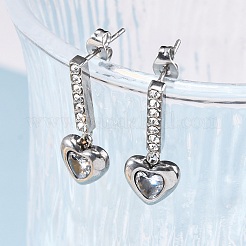 304 Stainless Steel Rhinestone Heart Dangle Stud Earrings&nbsp;EJEW-Q386-03P