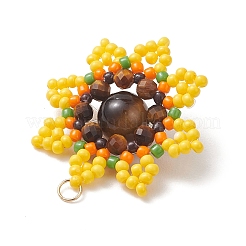 Round Natural Tiger Eye and Glass Seed Beaded Pendants&nbsp;PALLOY-MZ01135