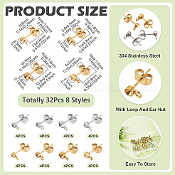 32Pcs 8 Styles 304 Stainless Steel Stud Earring Findings&nbsp;STAS-TA0002-96
