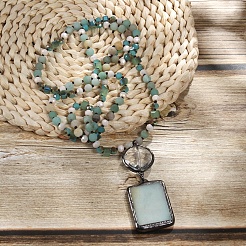 Rectangle & Flat Round Bohemian Style Natural Amazonite with Glass Pendant Necklaces&nbsp;FS-WGEA5B3-03