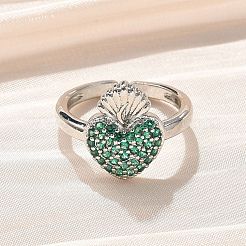 Sacred Heart Brass Micro Pave Cubic Zirconia Cuff Rings for Women&nbsp;RJEW-B117-01P