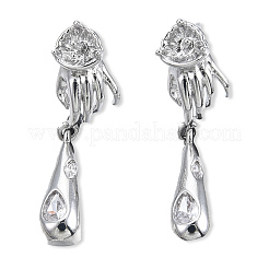 Brass Pave Clear Cubic Zirconia Hand with Teardrop Dangle Stud Earring Findings&nbsp;KK-N232-477P-A