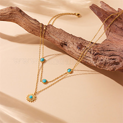 Synthetic Turquoise 304 Stainless Steel Sun Pendant Double Layer Necklaces for Women&nbsp;WG3B16F-01