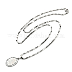 201 Stainless Steel Micro Pave Clear Cubic Zirconia Oval Pendant Box Chain Necklaces for Men&nbsp;NJEW-S387-02P