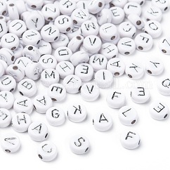 Plating Acrylic Beads, for Name Bracelets & Jewelry Making, Metal Enlaced, Horizontal Hole, Alphabet Style, Flat Round, Silver Plated, 7x4mm, Hole: 1.8mm, about 3650pcs/500g