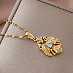 Vintage European 304 Stainless Steel Crystal Rhinestsone Geometric Leaf Pendant Necklaces for Women&nbsp;LI2607