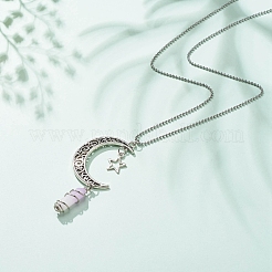 Natural Purple White Jade Bullet with Alloy Moon and Star Pendant Necklace&nbsp;NJEW-JN03912-02