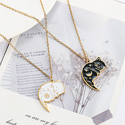 2Pcs Yin-yang Black and White Cat Shaped 201 Stainless Steel Enamel Pendant Necklaces for Couple&nbsp;FS-WG6093D-01